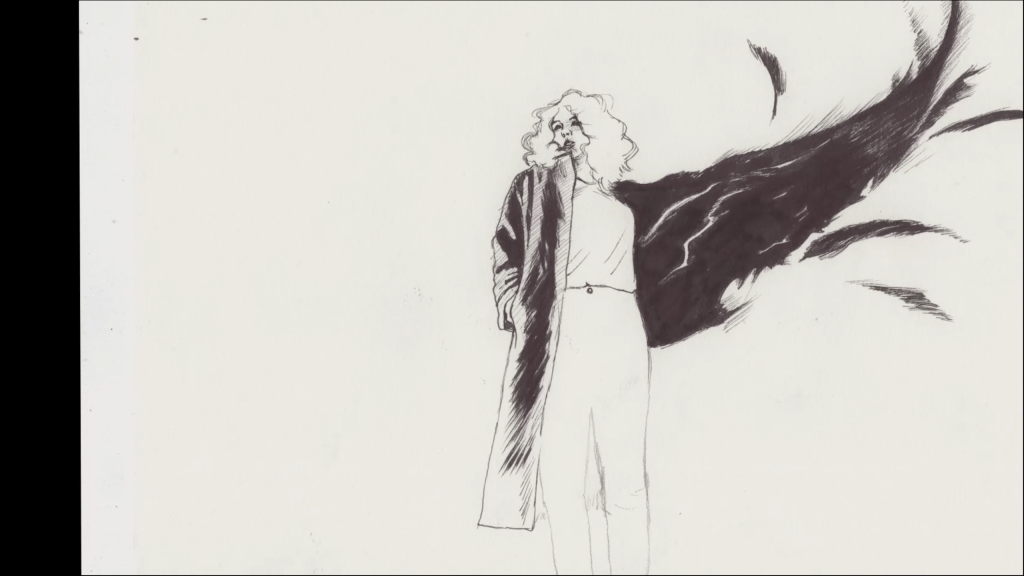 Illustration of a person standing wearing a long coat that appears to be a large black wing on on side
