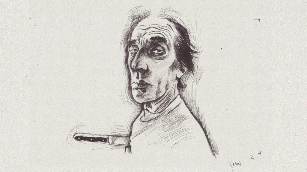 Illustration of a man looking at the viewer somewhat non-plussed, a knife embedded in his chest.