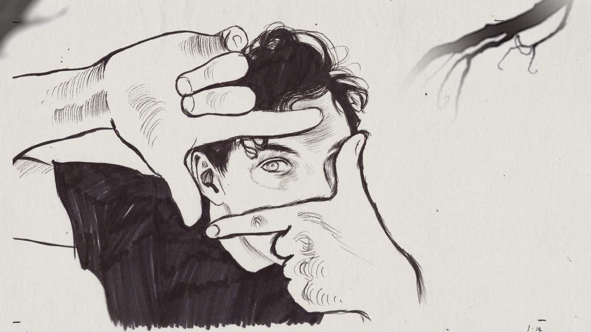 Illustrated artwork showing a young man in a dark tshirt using his fingers and thumbs to make a film frame and looking through it at the viewer